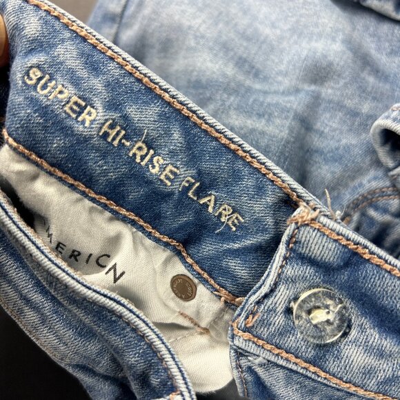 American Eagle Jean Women 27x30 Super Hi Rise Flare Blue Distressed Denim Tag 4L - Picture 8 of 16